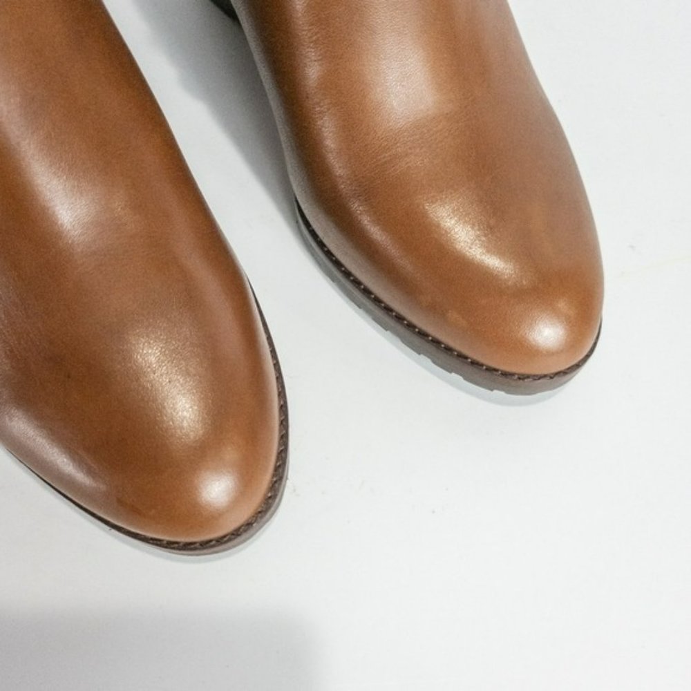 LAUREN Ralph Lauren Shaley Calfskin Wedge Bootie Deep Saddle Tan -7.5 - Picture 9 of 10